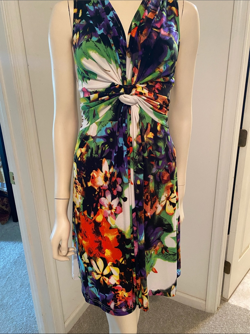 VENUS Floral Knot-Front Midi Dress in Purple, Green, Orange, White